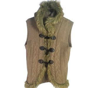 Women Brown Fur Hooded Vest Sweater Size L